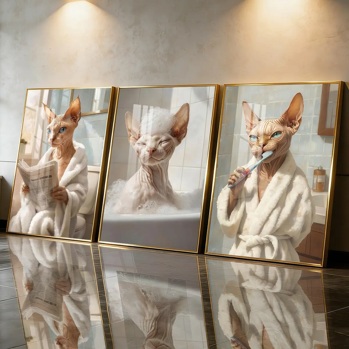 3 Count Aluminum Alloy Frame Canvas， Funny Sphynx Cat In Bathroom Fashion Poster， Modern Living Room Decoration， Light Luxury Family Art， Suitable For Bedroom， Corridor And Office Wall Decor， Gift