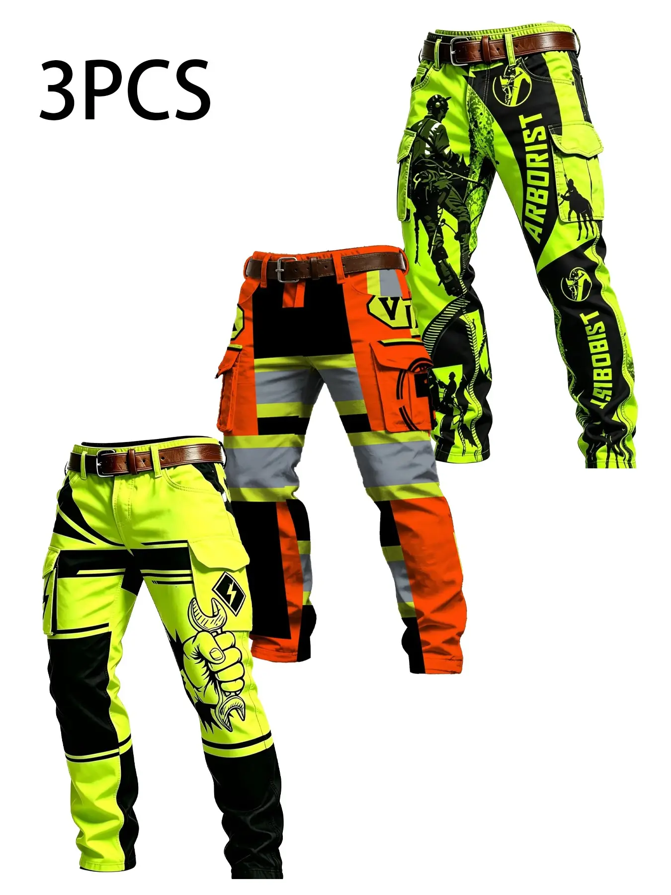 3pcs High Visibility Work Pants, Gardener & Lumberjack Safety Print, All Over Print, Bold Colorblock, Multi-Pocket Design, Durable Outdoor Workwear