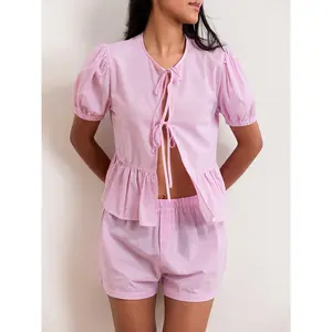 Women’s Casual 2 Piece Outfits Puff Sleeve Tie Knot Front Tops + Shorts Set Loungewear