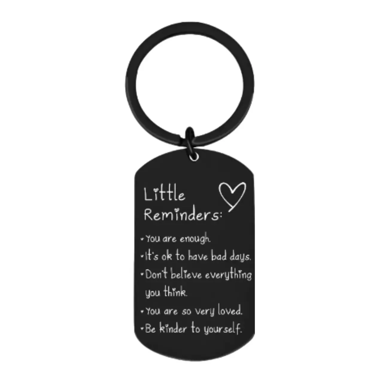 Best-selling stainless steel inspirational keychain-"Little Reminders"-engraved with messages of positivity, optimism, and confidence.