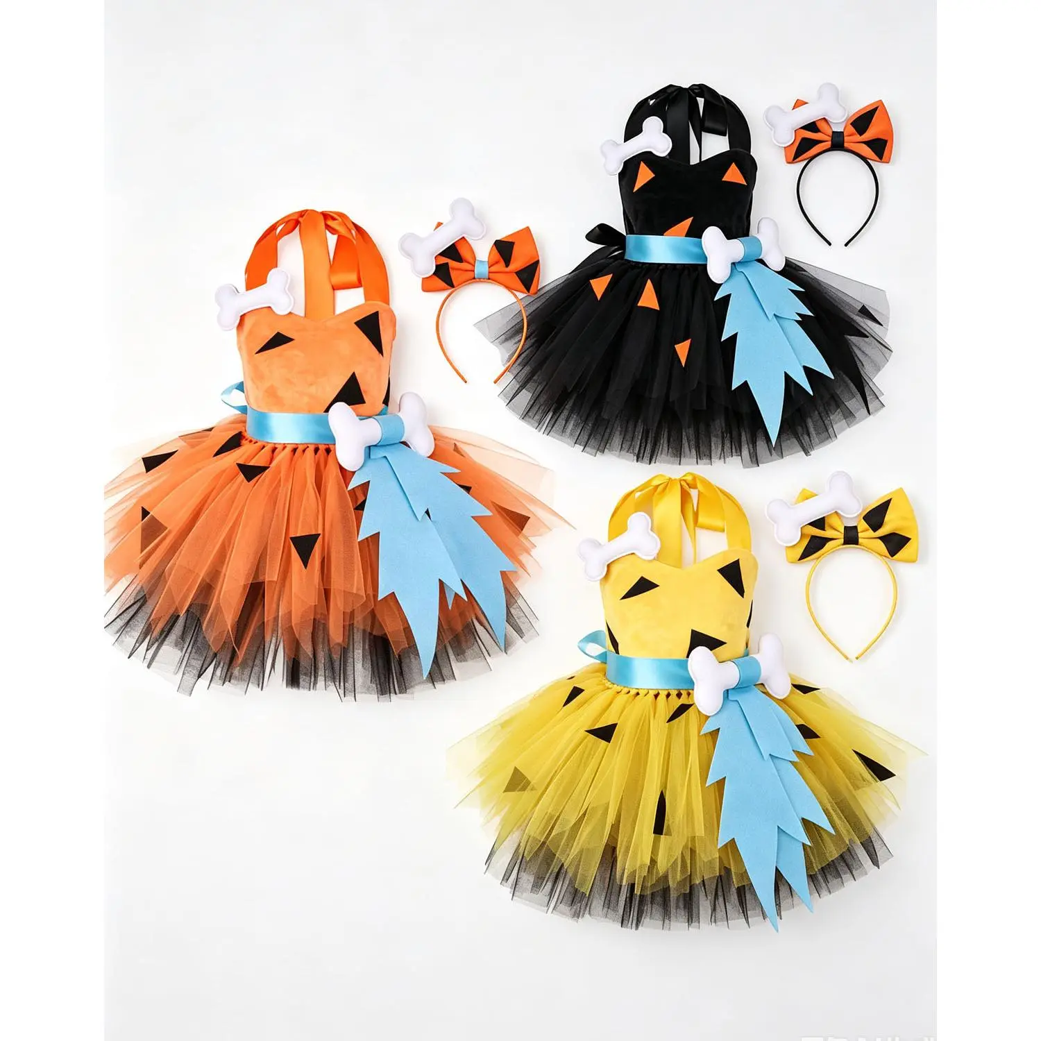 Kids Girls Cave Girl Halloween Costume Orange Tutu Dress With Bone Hair Clip Headband Prehistoric Stone Age Cosplay Outfit