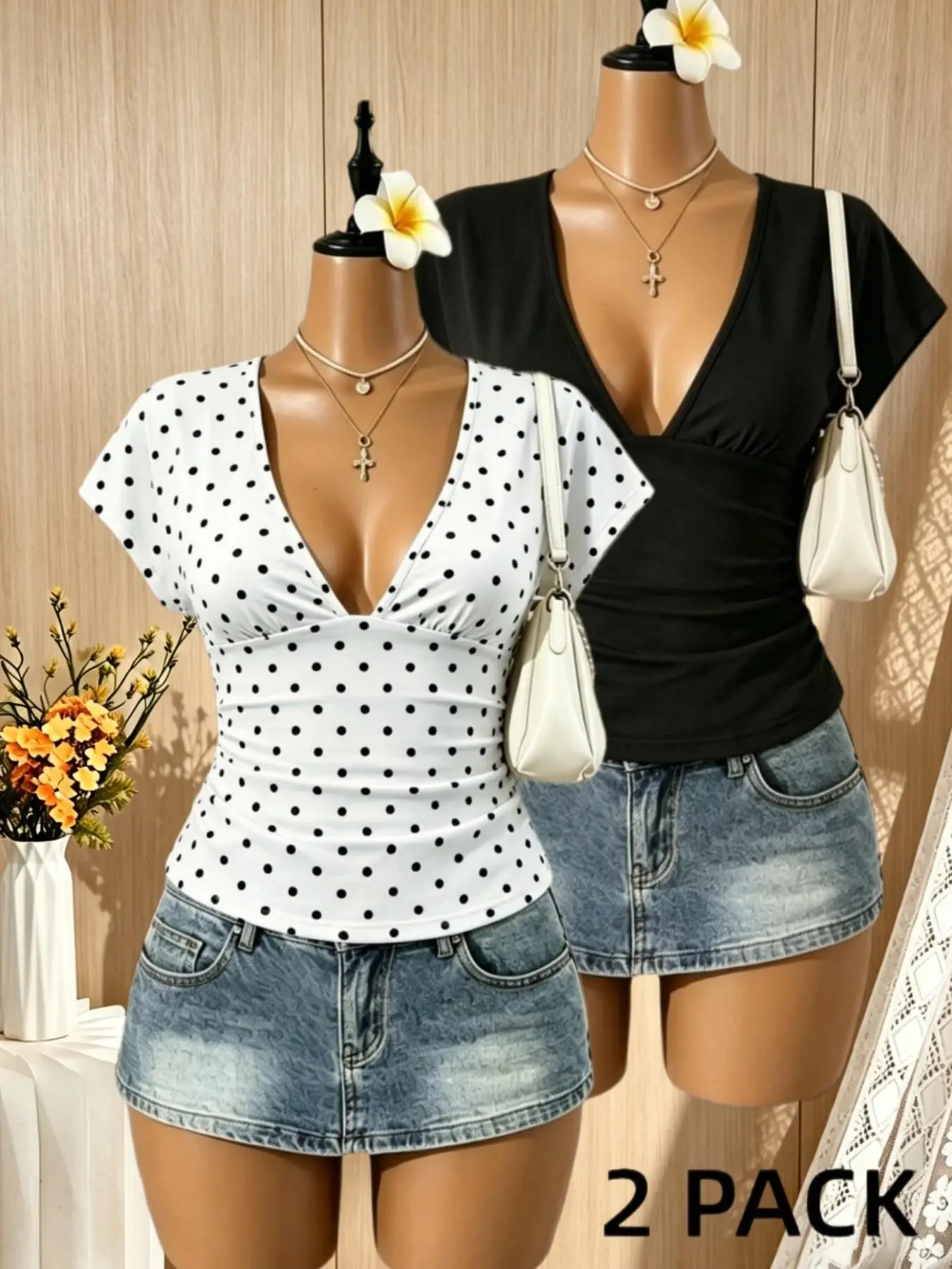 Vintage Sweet Spicy Summer Lightweight Polka Dot V Neck Flutter Sleeve Waist Cinch Top, Slimming Pleated Sexy Girl Casual Style, Versatile Outerwear Shirt