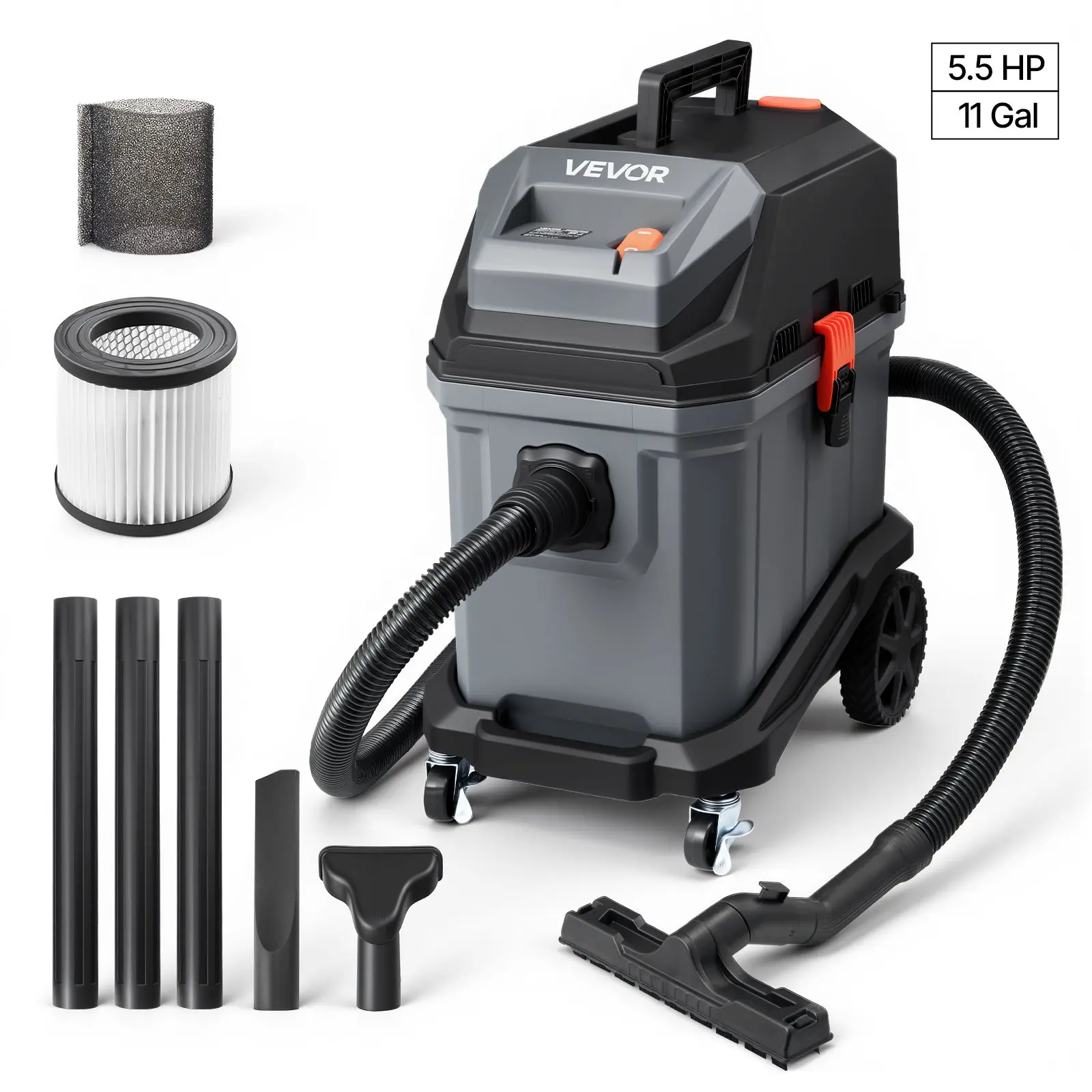 VEVOR Commercial Shop Vac, 11 Gallon Wet Dry Shop Vacuum, 5.5 Peak HP Portable with One-Button Self-Cleaning, 1350W Input, 1.25in x 7ft Hose, 20ft Cord, Industrial-Grade for Jobsite, Workshop