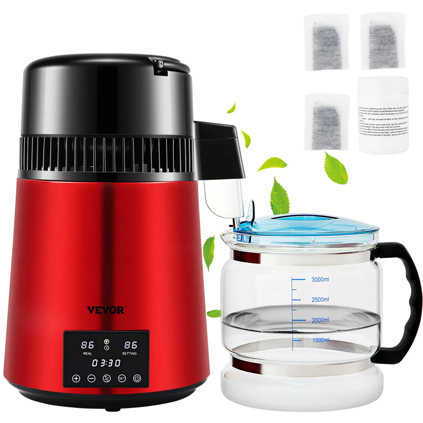 【DealsForYouDays】VEVOR 1.1Gal 750W Countertop Water Distiller (0.3Gal/H), 0-99H Timing, Dual Temp Display (86-226.4°C), 304 Stainless Steel, 1.03Gal Glass Carafe, 7.9 lbs, 3 Carbon Cartridges, Cleaning Powder, Red, CE Certified