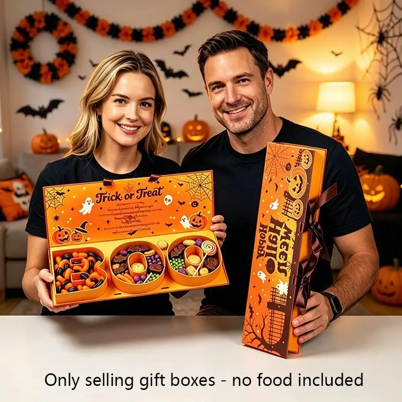1pc Halloween Orange Multi Grid Gift Box - Pumpkin Ghost Spider Web Printed Flip Cover Empty Box, Party Trick or Treat Surprise Gift Box for Candy and Chocolate