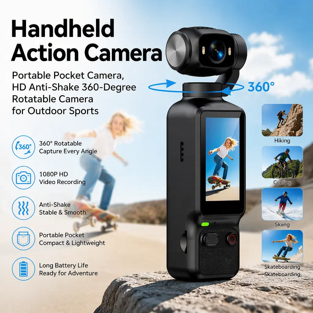 Handheld Action Camera, Portable Pocket Camera, HD Anti‑Shake 360‑Degree Rotatable Camera for Outdoor Sports