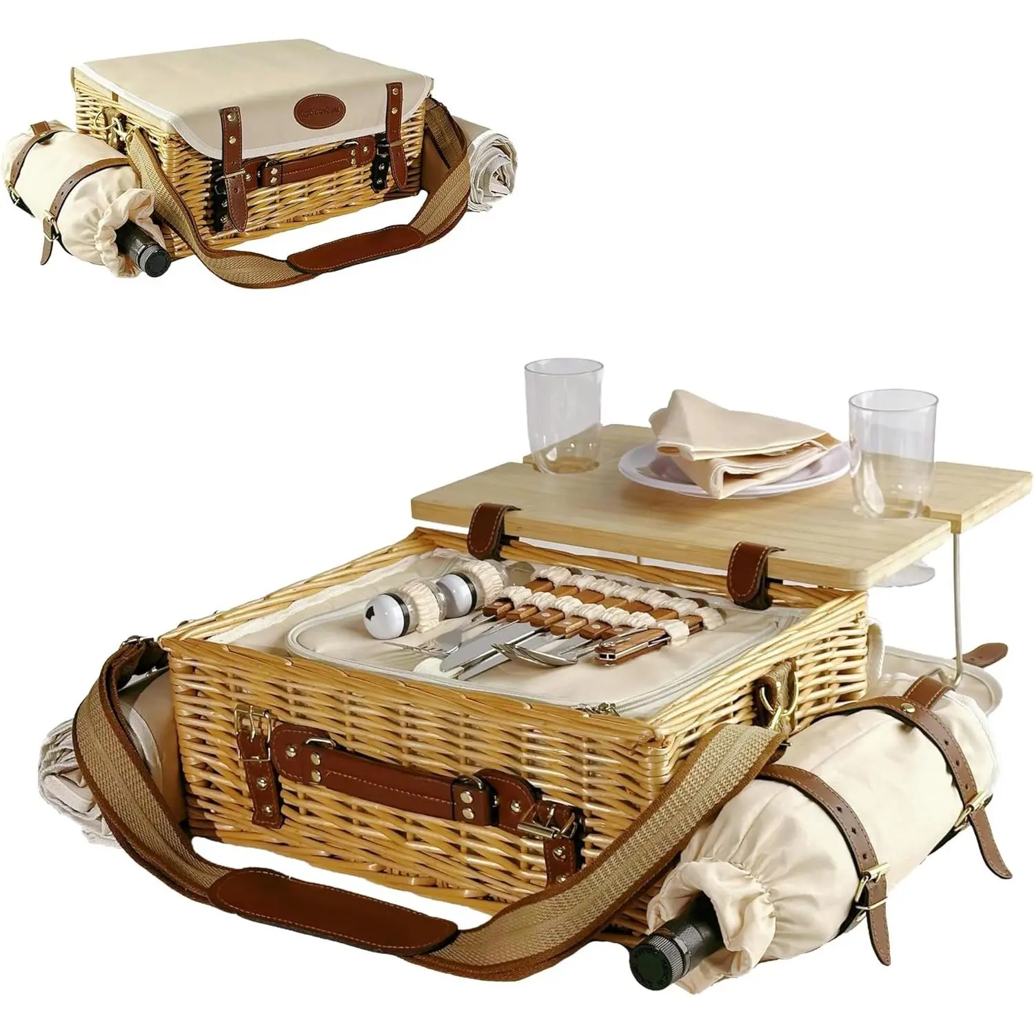 Multifunctional Wicker Picnic Basket Set for 2 Adults with Picnic Table and Blankets,Large Insulated Picnic Set with Wine Pouch and Full Tablewares for Camping Outdoor Couples Natural Beach Wedding