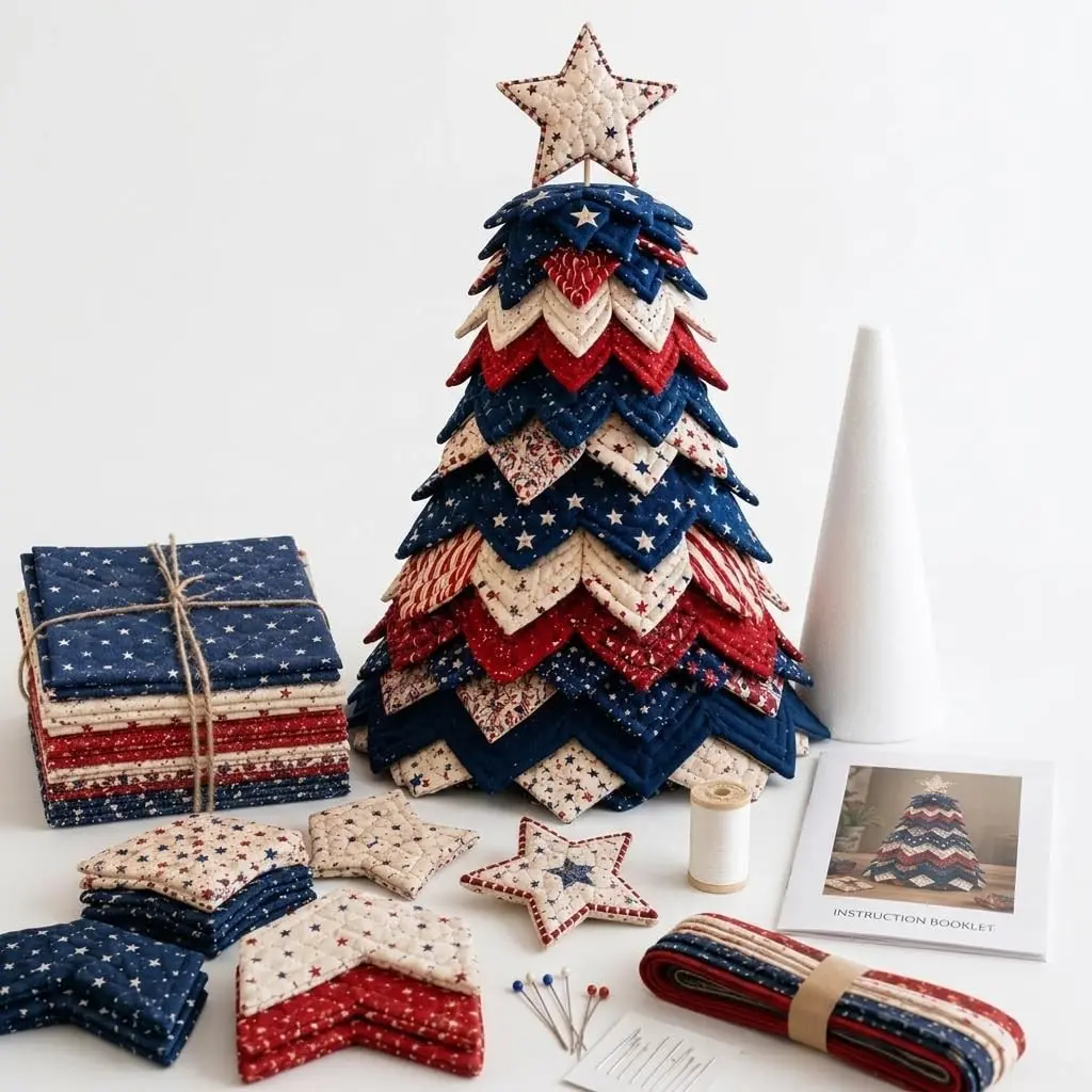1 PC Americana Christmas Tree Quilt Kit, DIY Fabric Patchwork Sewing Kit With Layered Star And Stripe Design, Handmade Quilted Christmas Tree Decoration For Beginners, Holiday Home Decor Craft Project