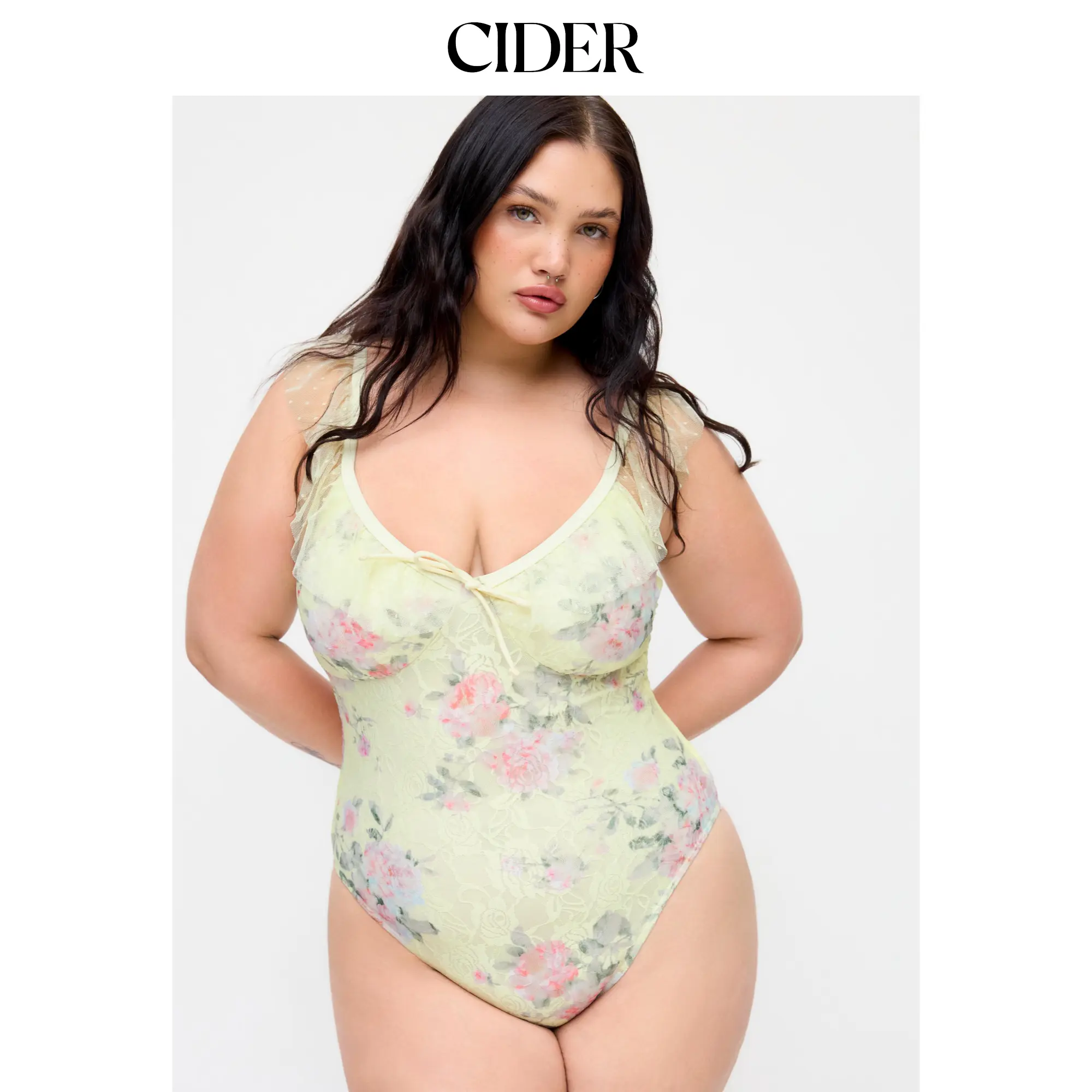 Cider Floral Lace Sweetheart Neck Ruched Tie Front One Piece Swimsuit
