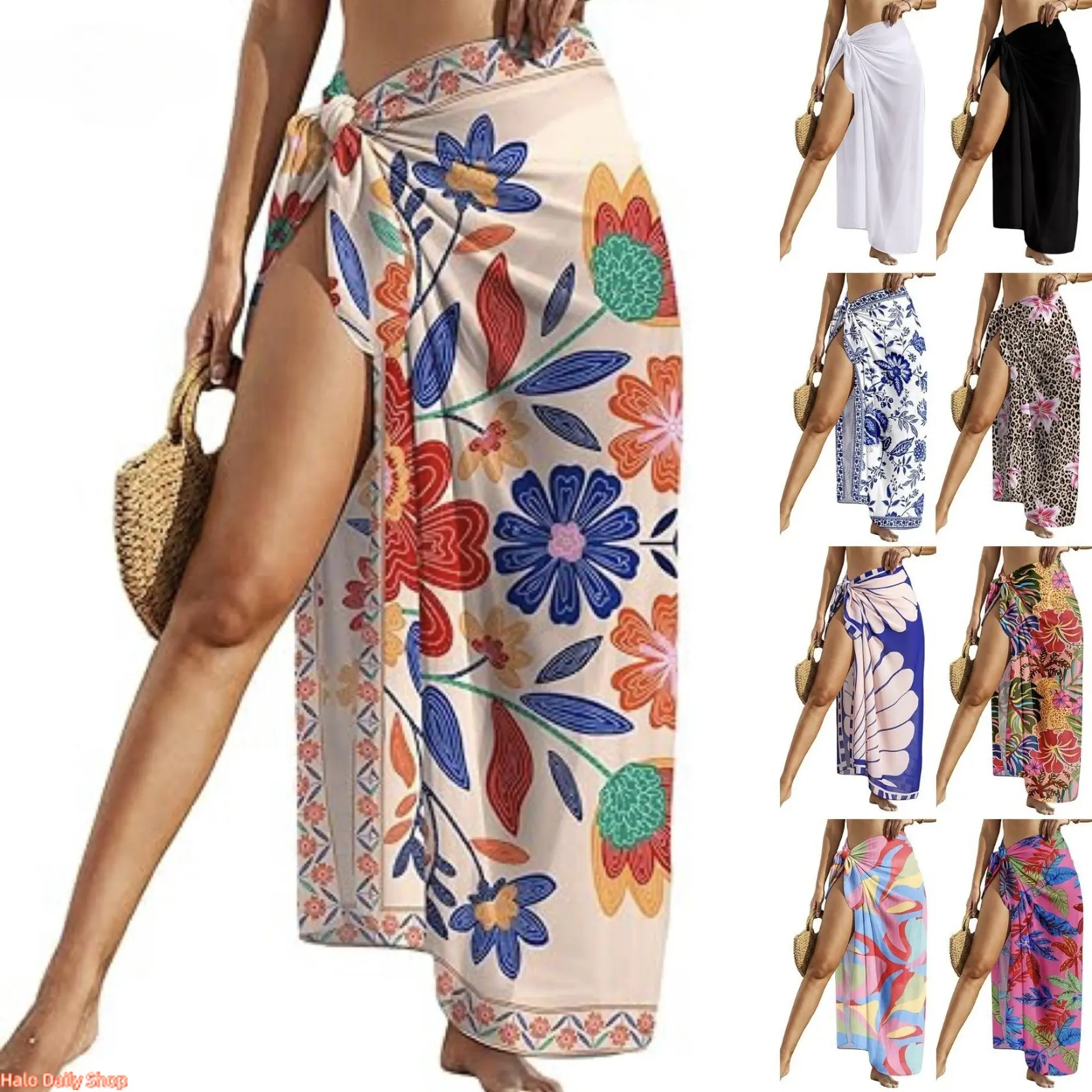 Women Sheer Sarong High Slit One Size Swimsuit Coverups 2026 Summer Floral Print Chiffon Wraps Beach Cover Up