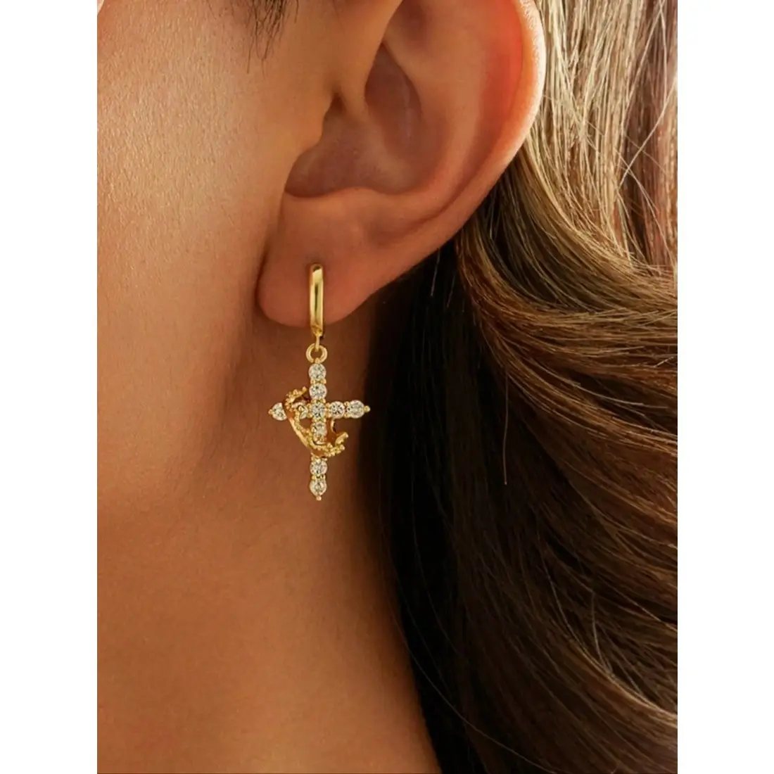 Women's Gold Crown Cross Hoop Earrings Sparkling Crystal Detail Religious Jewelry for Daily Wear Christmas Gift