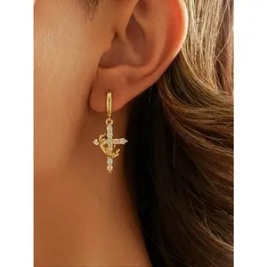 Women's Gold Crown Cross Hoop Earrings Sparkling Crystal Detail Religious Jewelry for Daily Wear Christmas Gift