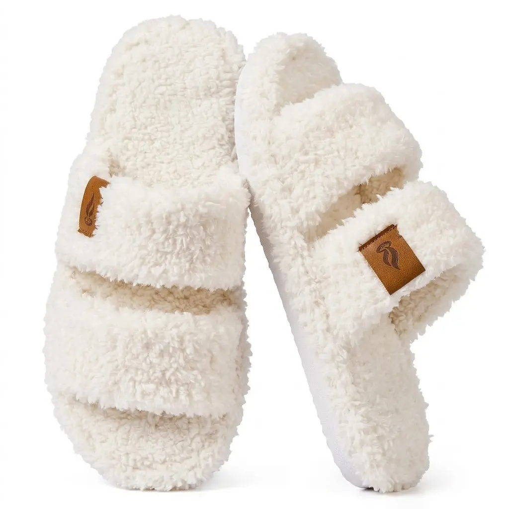 Women's Modern Chic Fuzzy Open-Toe Slipper Slides - Furry Fabric, Soft Foam Pad, Non-Slip Rubber Sole, Solid Plain Walking Shoes, Cozy Slip-On Clog, Mom Gifts for Mother's Day, Summer Use