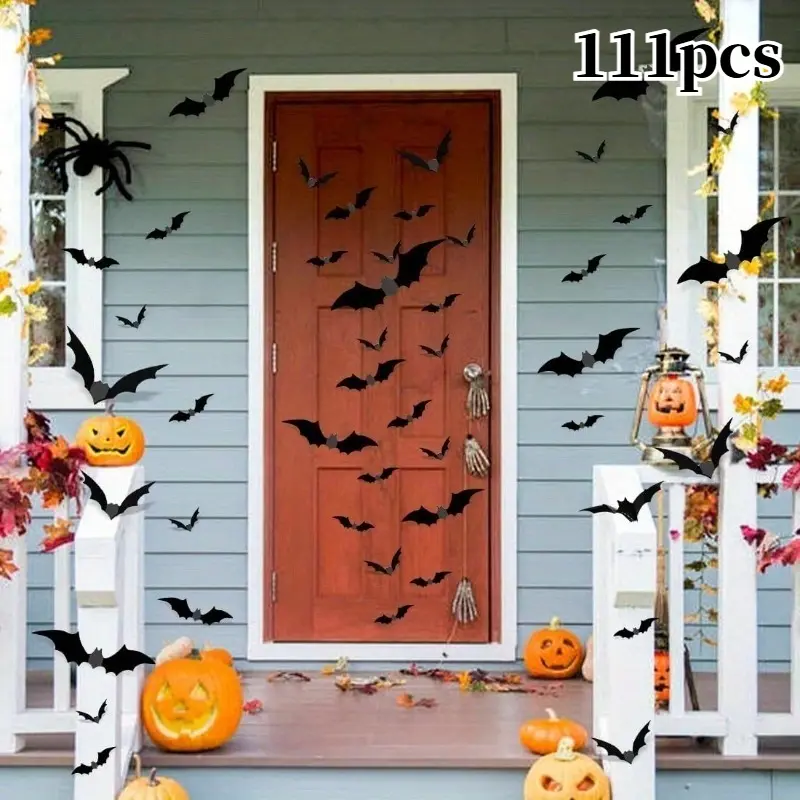 111Pcs 3D Bat Halloween Decorations Multi Size Black Grey Bat Silhouette Wall Stickers Self Adhesive For Window Door Wall Horror Halloween Party Layout Indoor Home Halloween Christmas Spooky Scene Decor Supplies