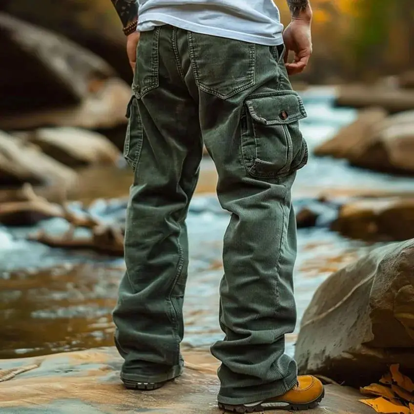 Cross-border European and American corduroy casual pants for men, 2026 autumn collection, vintage loose-fit workwear with multiple pockets, casual loose long pants