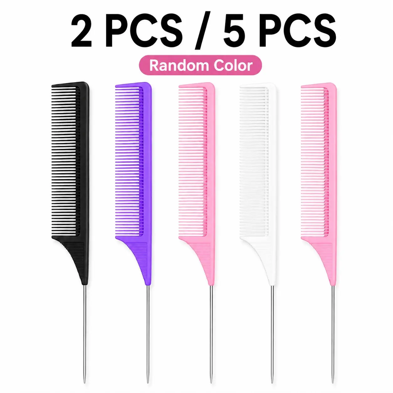 2 or 5 Piece Long Steel Pin Tail Comb Set, Hair Combs, Mouse Tail Comb Kit for Salon Stylists, Women's Sharp Tail Metal Divider Brush, Random Colors