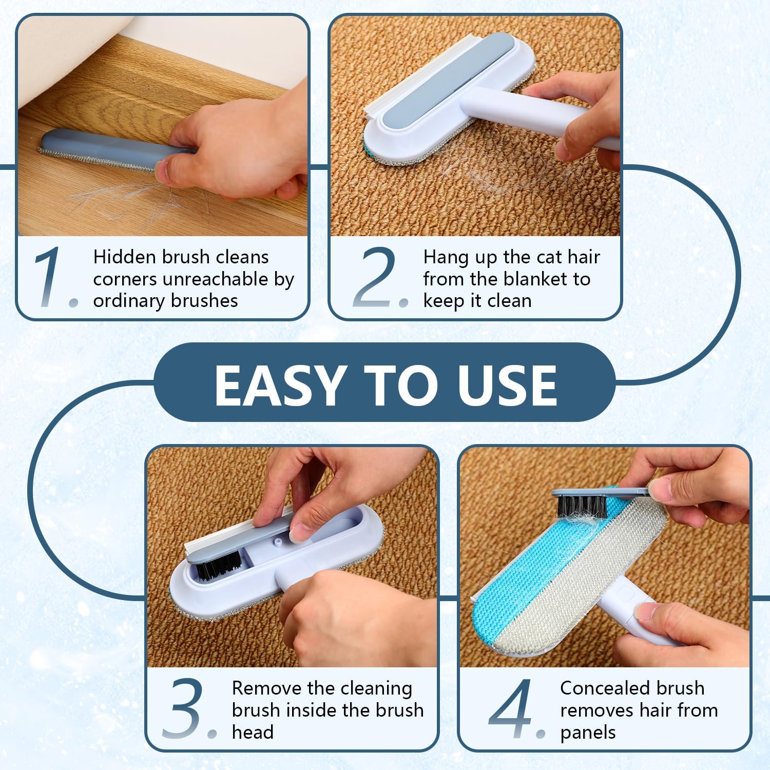 4 in 1 Long Handle Pet Hair Remover Brush with Adjustable Ergonomic Handle for Furniture Couch Carpet Clothes Reusable Washable Lint Brush