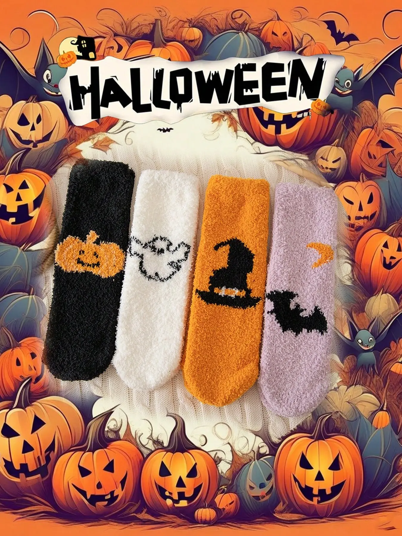 4 Pairs Women's Halloween Cartoon Ghost Pumpkin Bat Pattern Coral Fleece Floor Socks, Fun and Cute, Fall & Winter Home Wear, Halloween Costume