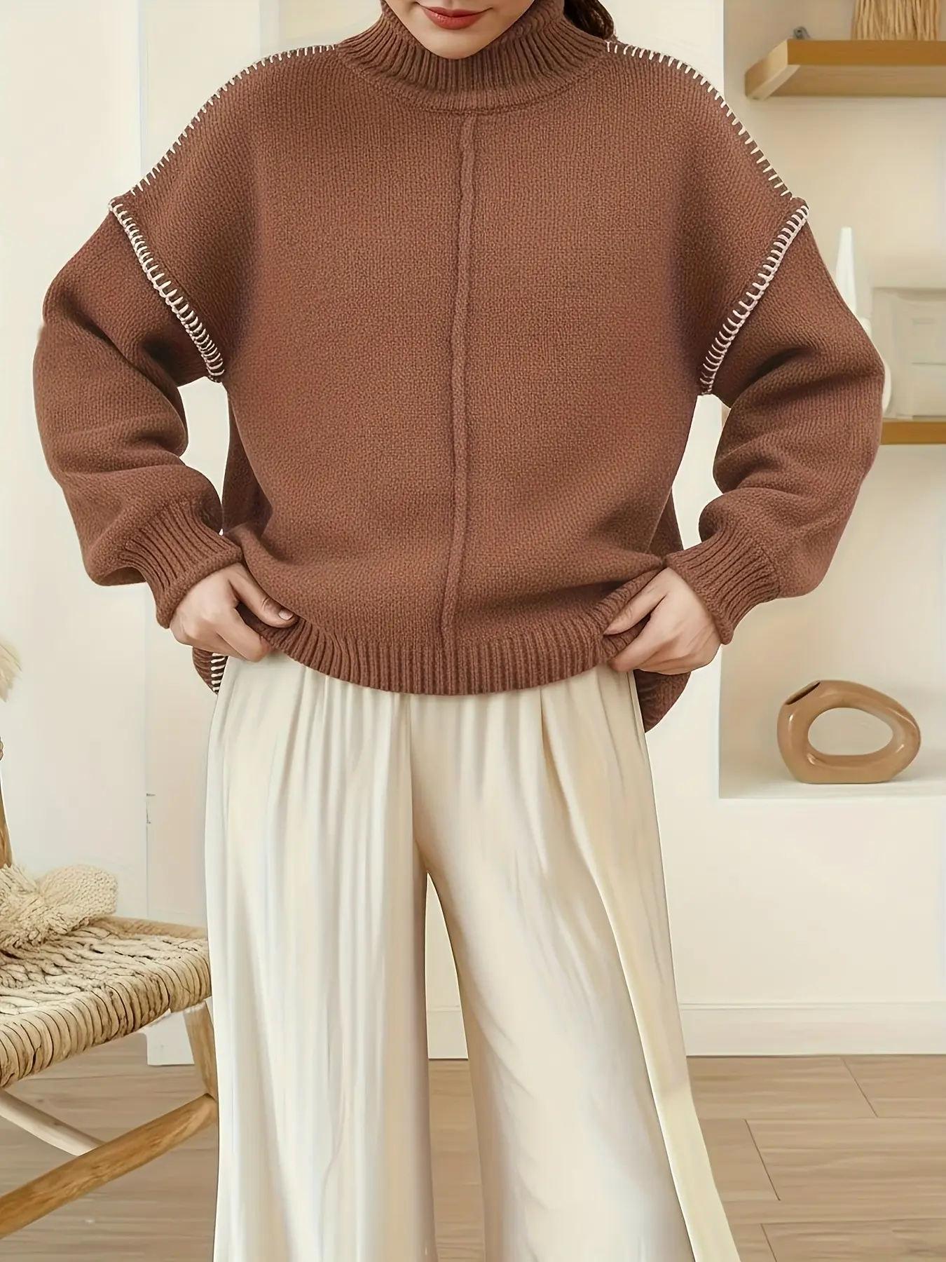 Women's Autumn Marled High Neck Sweater, Unique Stitch Design, Back Split Street Style, Versatile Festival
