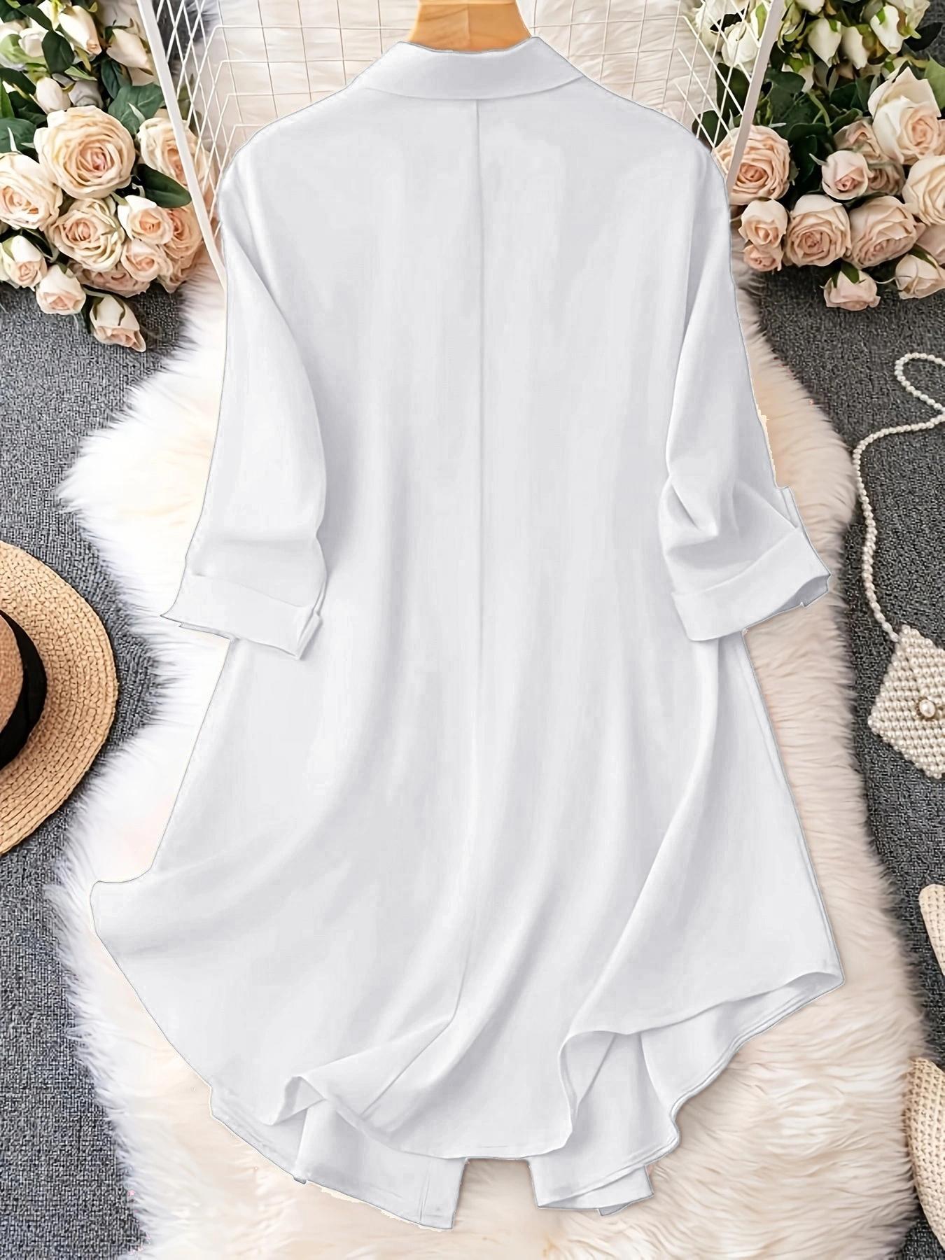 Plus-Size Solid Long Sleeve Button Front Shirt, Casual Collared Top for Spring & Fall, Women's Clothes for Daily Wear