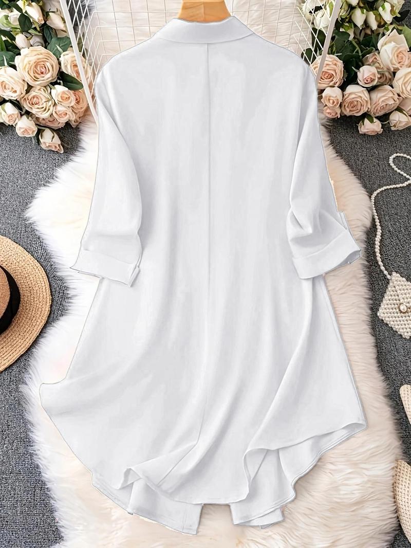 Plus Solid Long Sleeve Button Front Shirt Blouse, Casual Collared Button Up Top for Spring & Fall, Women's Clothes for Daily Wear, National Day Clothing