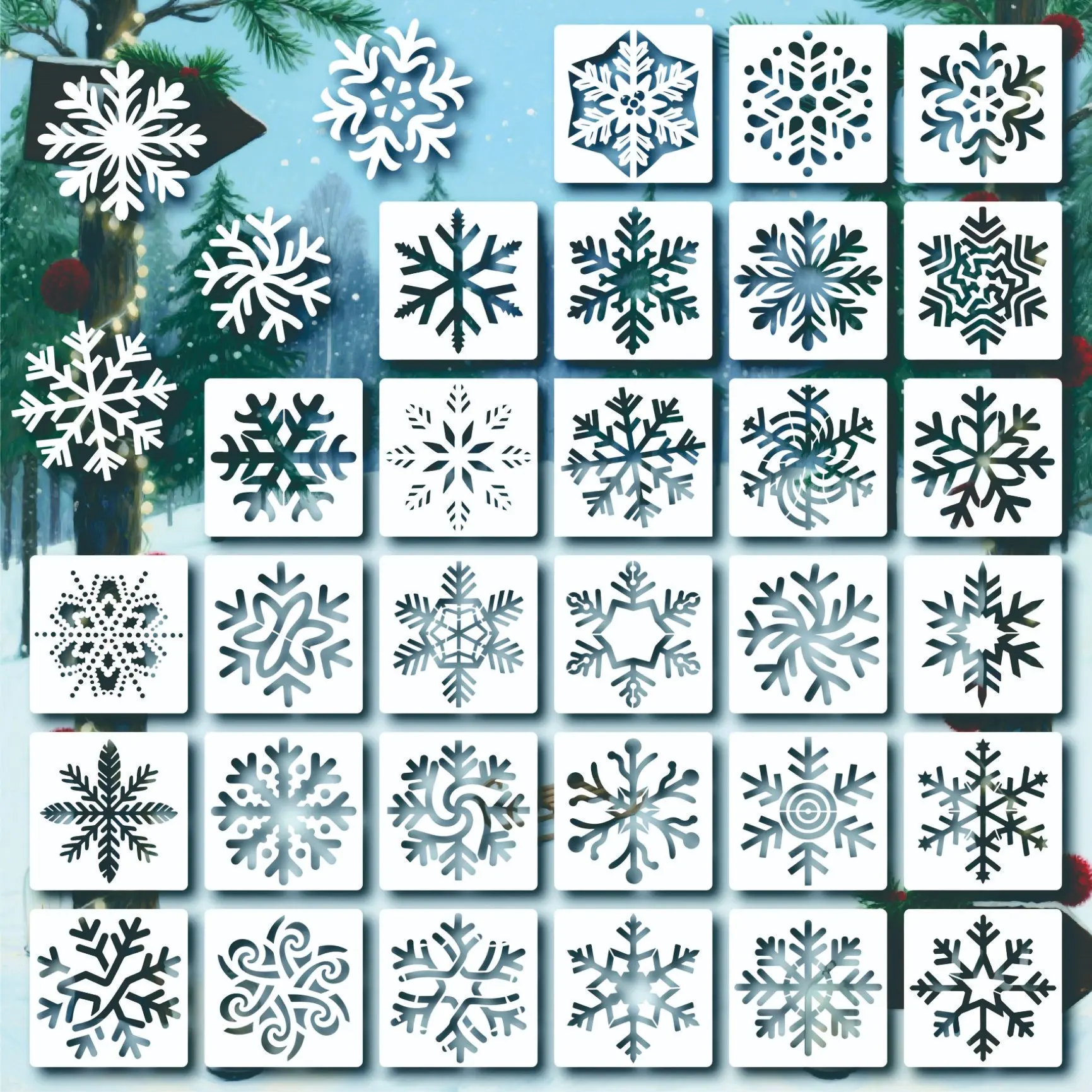 30pcs Reusable Plastic Snowflake Templates, Winter Holiday Craft Supplies, Window Glass Wall Art, Christmas Decoration Tools