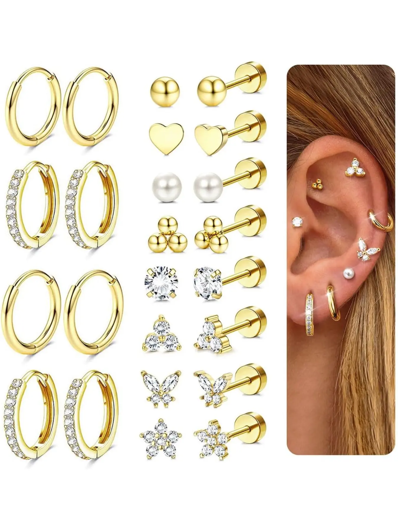 Hypoallergenic Gold Plated Stud Hoop Earrings for Women Men Surgical Stainless Steel Flat Back Earrings Small Huggie Hoops Cartilage Earring Set for Multiple Piercing Jewelry Gift for Women