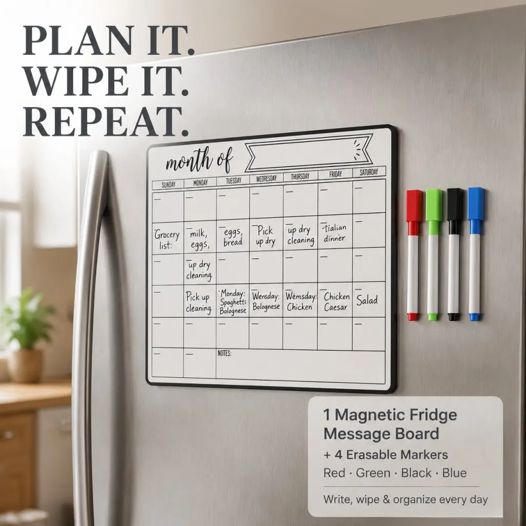 Monthly Planner Board with 4 Erasable Pens, Magnetic Dry-Erase Calendar Whiteboard, Reusable Weekly Organizer for Kitchen and Office, Fridge Memo Board for Family Schedule, Meal Planning, Chore Chart, Work Tasks, Study Goals and Daily To-Do Lists