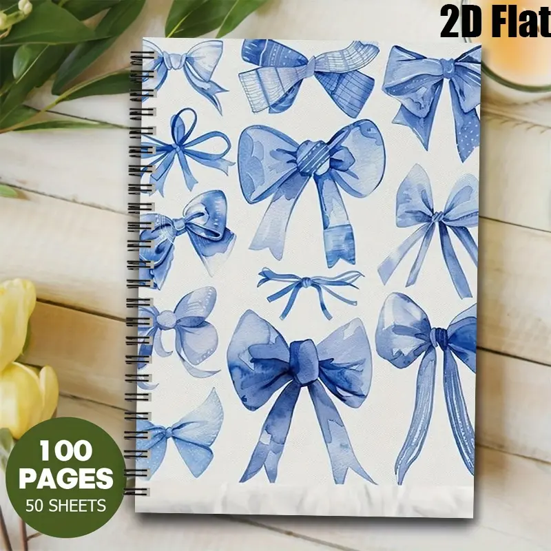 1 Spiral Notebook 5.7x8.26 inch, Blue Bow Pattern, Lined Pages, Durable Binding, Office Stationery Supplies, Daily Journal for School Office, Travel Diary, Gift for Students Writers, Ideal for Back to School [2D] Flat