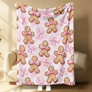Pink Gingerbread Flannel Blanket, Cute Bow Smiley Cookie Soft Throw, Cozy Warm Lightweight for Christmas Gift for Her, Pastel Watercolor Bedroom Decor Dorm Couch ultra-soft comfortable