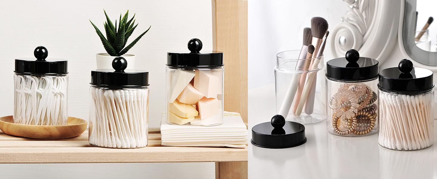 Apothecary Jars Bathroom Vanity Storage Organizer Set -Countertop Canister Plastic Acrylic Jar - Farmhouse Decor Qtip Holder for Cotton Swabs,Makeup Sponges,Flossers,Paper Clips -Black(2)