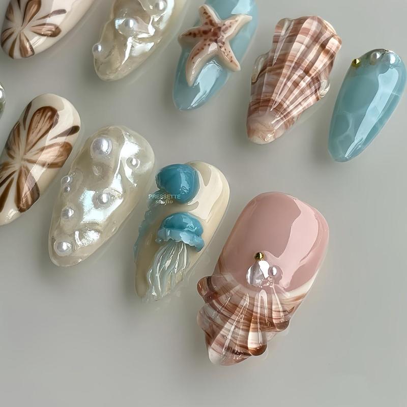 10 Pcs Medium Almond Press-On Nail Set, Includes 3D Ocean Shell, Starfish, Pearl Decorations, Hand-Painted Floral Details, Easy DIY Beach Vacation & Daily Charm Nails 10 Pcs Medium Almond Press-On Nail Set, Includes 3D Ocean Shell, Starfish, Pearl Decorations, Hand-Painted Floral Details, Easy DIY Beach Vacation & Daily Charm Nails