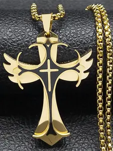 Hip Hop Cross Angel Wing Pendant Necklace for Men Women Stainless Steel Gold Color Creative Male Chain collier
