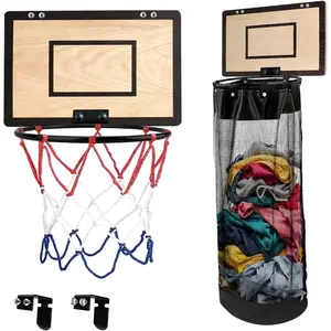 Over the Door Basketball Laundry Basket, 2-in-1 Wooden Basketball Hoop Laundry Hamper, Space Saving Hanging Organizer for Kids, Dirty Clothes Storage with Zipper for Kids Room, Dorm, Bedroom, Bathroom