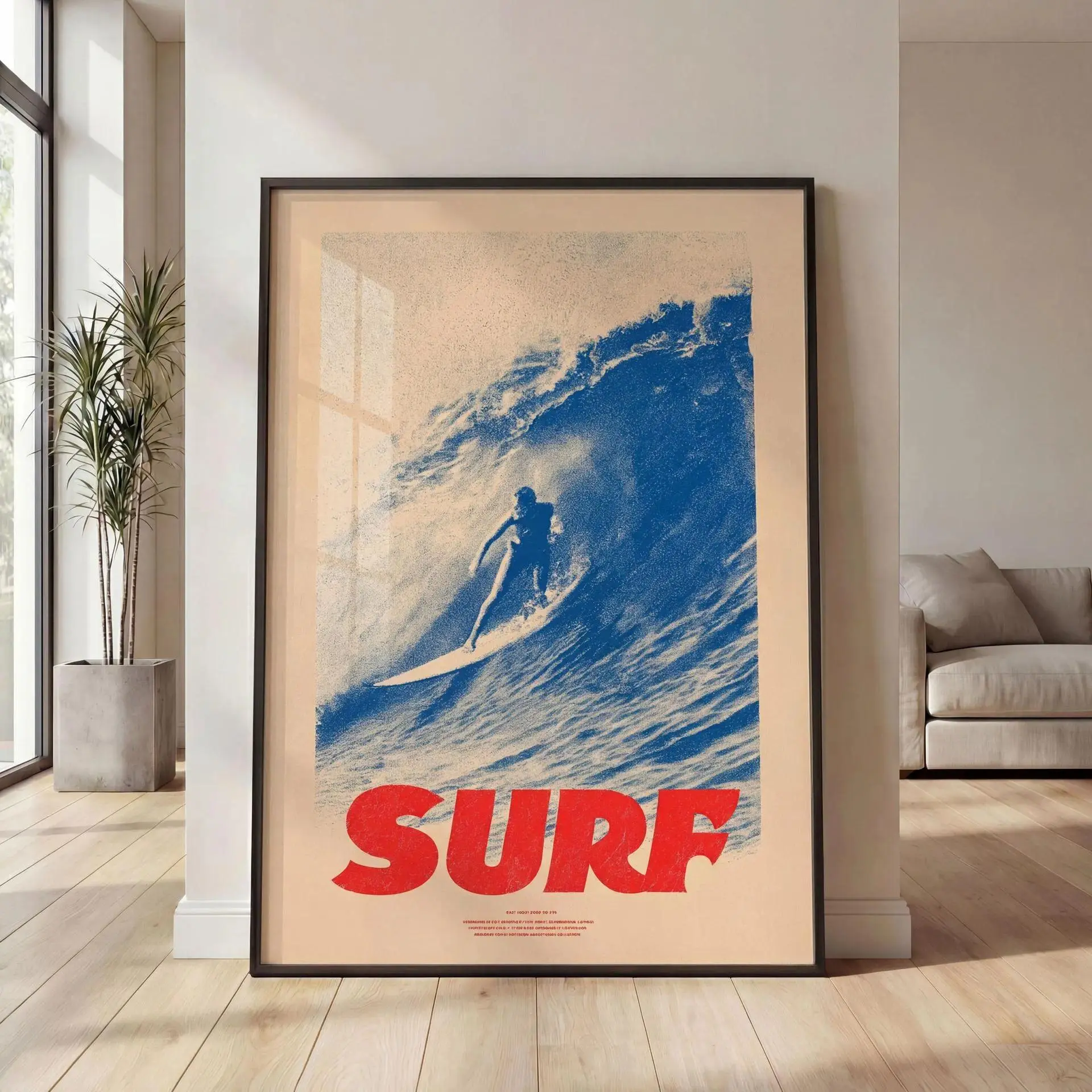 Vintage Surf Poster Wall Art, Retro Wave Illustration, Coastal Graphic Art, Surfer Print, Mid Century Beach Decor