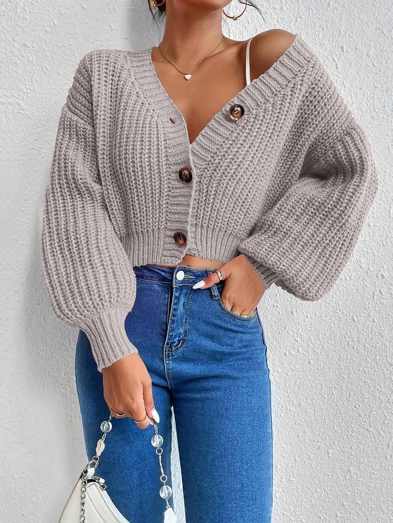 Women's Plain Bishop Sleeve Button Front Cardigan, Lady Casual Long Sleeve V Neck Knitwear for Fall & Winter, Fashion Women's Knit Clothes for Daily Wear, Women's Sweaters, Womenswear, Knitting Tops for Women