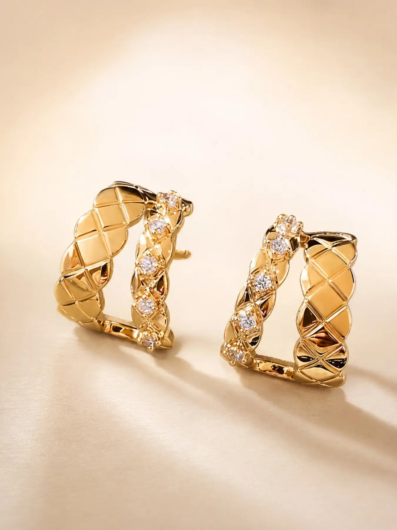 6A Zircon Quilted Square Stud Earrings with Gold-Tone 999 Pure Silver Posts, Lightweight Geometric Earrings for Women