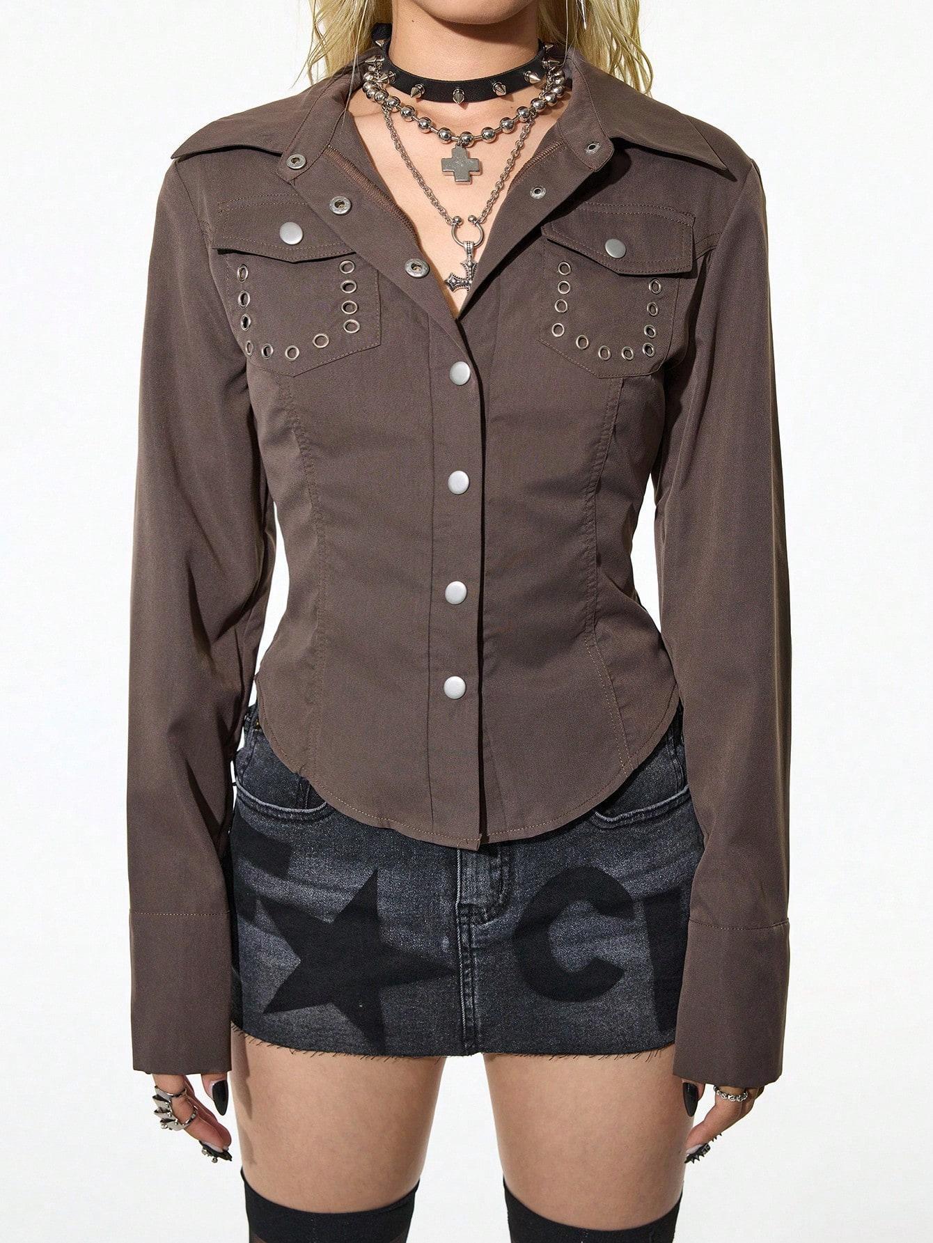 Women's Long Sleeve Brown Western Blouse, Metal Eyelet Pocket Silver Snap Button Shirt, Curved Hem Slim Fit Design, Y2K Trendy Daily Top for Street Shooting, Dating & Casual Daily Looks