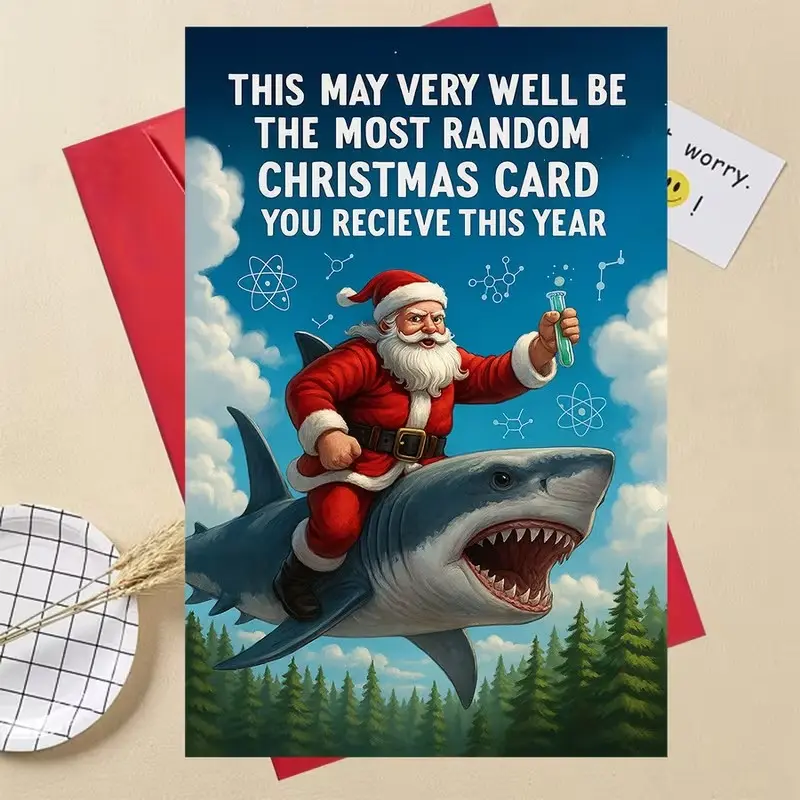 Unique Fun Christmas Card, Santa Riding a Shark with Test Tube, Perfect for Science Enthusiasts, Festive Design, Ideal for Christmas Celebrations