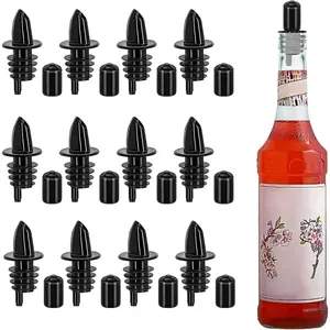 12 PCS Plastic Liquor Bottle Pourers with 12 PCS Rubber Dust Cap Covers Syrup Pour Spouts (Black)