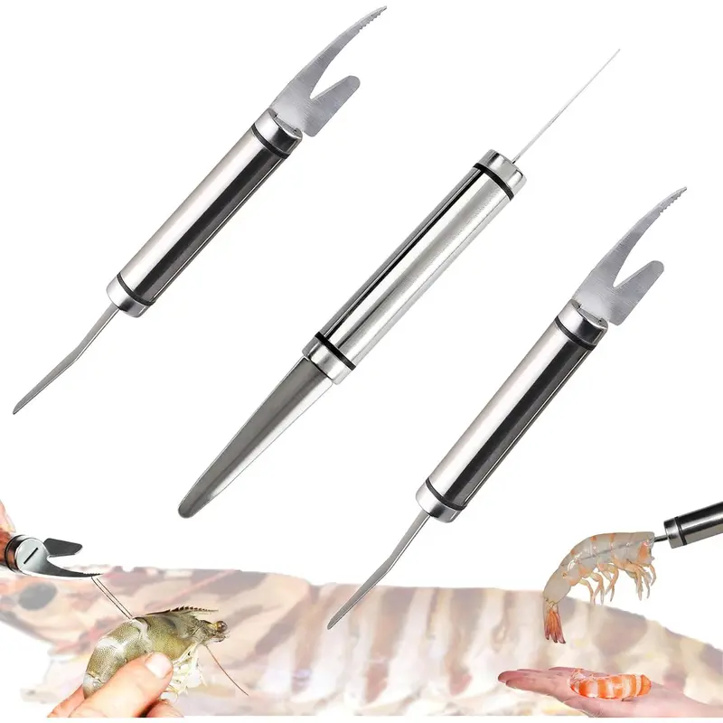 3 PCS Durable Steel 5-in-1 Kitchenware Tools - Double-Head Barb Serrated Shrimp Peeler, Deveiner, Cleaner, Fish Maw Cutter, German Brush Line for Cutting Shrimp Meat and Opening Duck Intestines