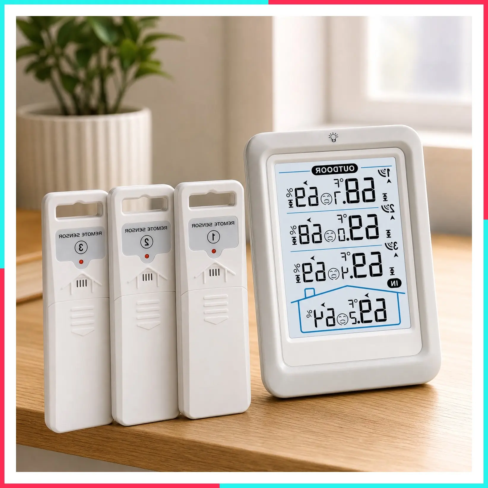 Indoor Outdoor Wireless Thermometer & Hygrometer with 4.5 Inch Digital Display, 330ft Range Sensor, Adjustable Backlight, 3 Sensors