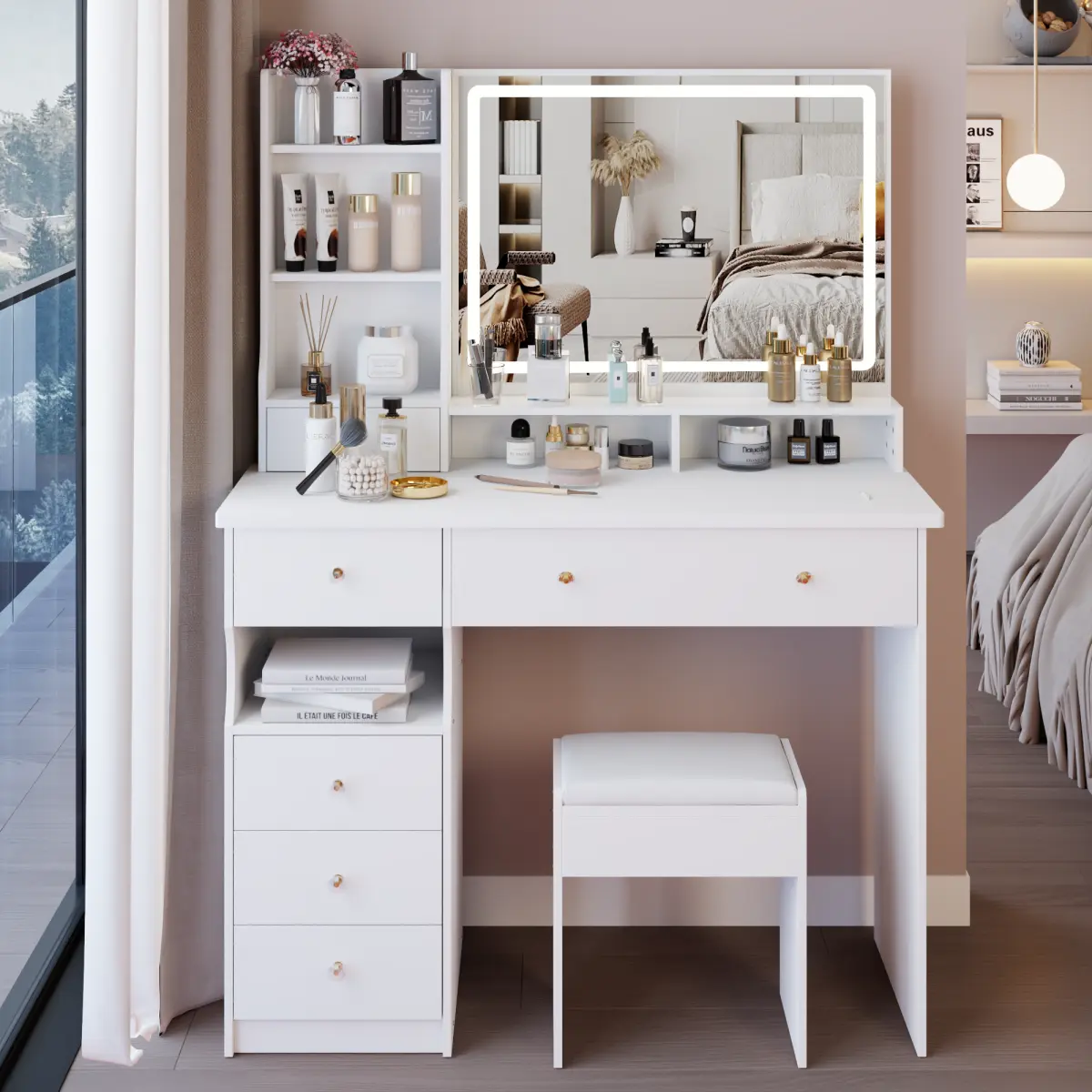 41" Large Vanity Table Set with Cushioned Stool - Narrow Long High Density MDF Dresser, 27*20" 3-Color Dimmable LEDs Mirror, Big Storage, Numbered Panels for Easy Assembly, 41"L*15.7"W*54"H Compact Minimalist Design for Adults (Assembly Required), Vanity,
