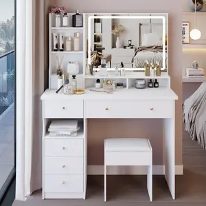 White 41 Inch Large Vanity Table Set with Stool, 27*20 Inch Mirror 3 Color Dimmable LED Lights, Numbered Panels Easy Assembly MDF Makeup Dresser with Big Storage for Adult Bedroom