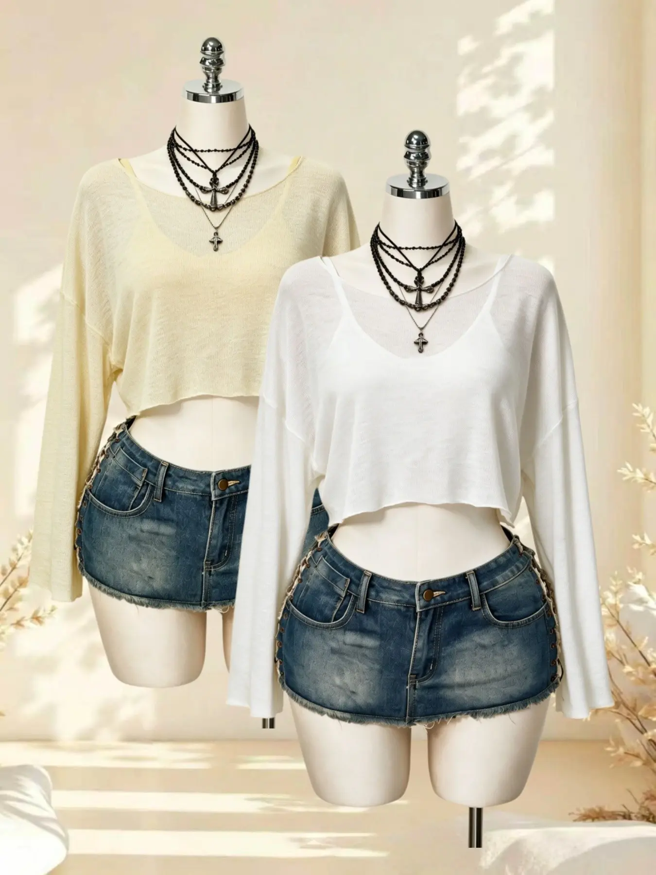 Casual Wide Sleeve Short Knit Top, Large U-Neck Slim Fit Boho Style, Two-Piece Set for All Seasons, Unlined Long Sleeve Upper Garment