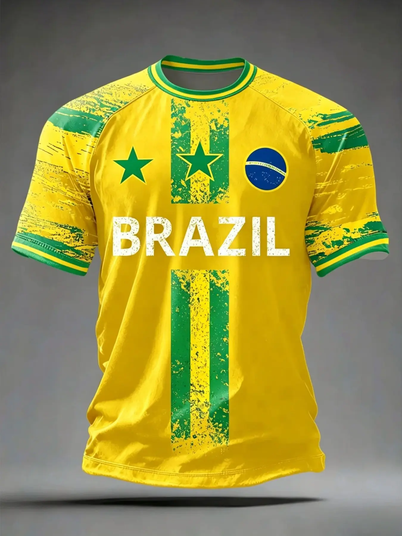 2026 Summer New Brazilian Men's Soccer Jersey, Classic 3D Print Short Sleeve T-Shirt, Casual Loose Fit Round Neck Sports Top, Fan Sportswear Top, Breathable Sweat-Wicking