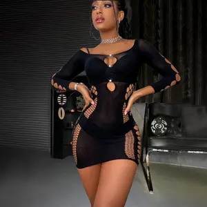 Rhinestone Cutout Chest Hollow Easy Wear Fishnet Skinny Wrap Mini Dress