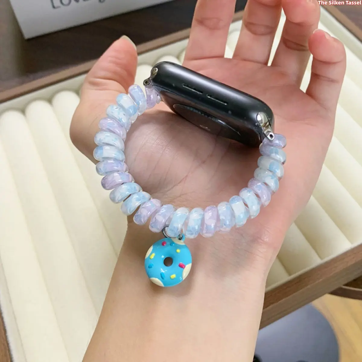 Candy Donut Charm Telephone Coil TPU Watch Band Compatible With Apple Watch Pastel Gradient Spring Stretch Bracelet Cute Mini Donut Pendant iWatch Wristband Y2K Kawaii Accessory For Girls Women sohochic