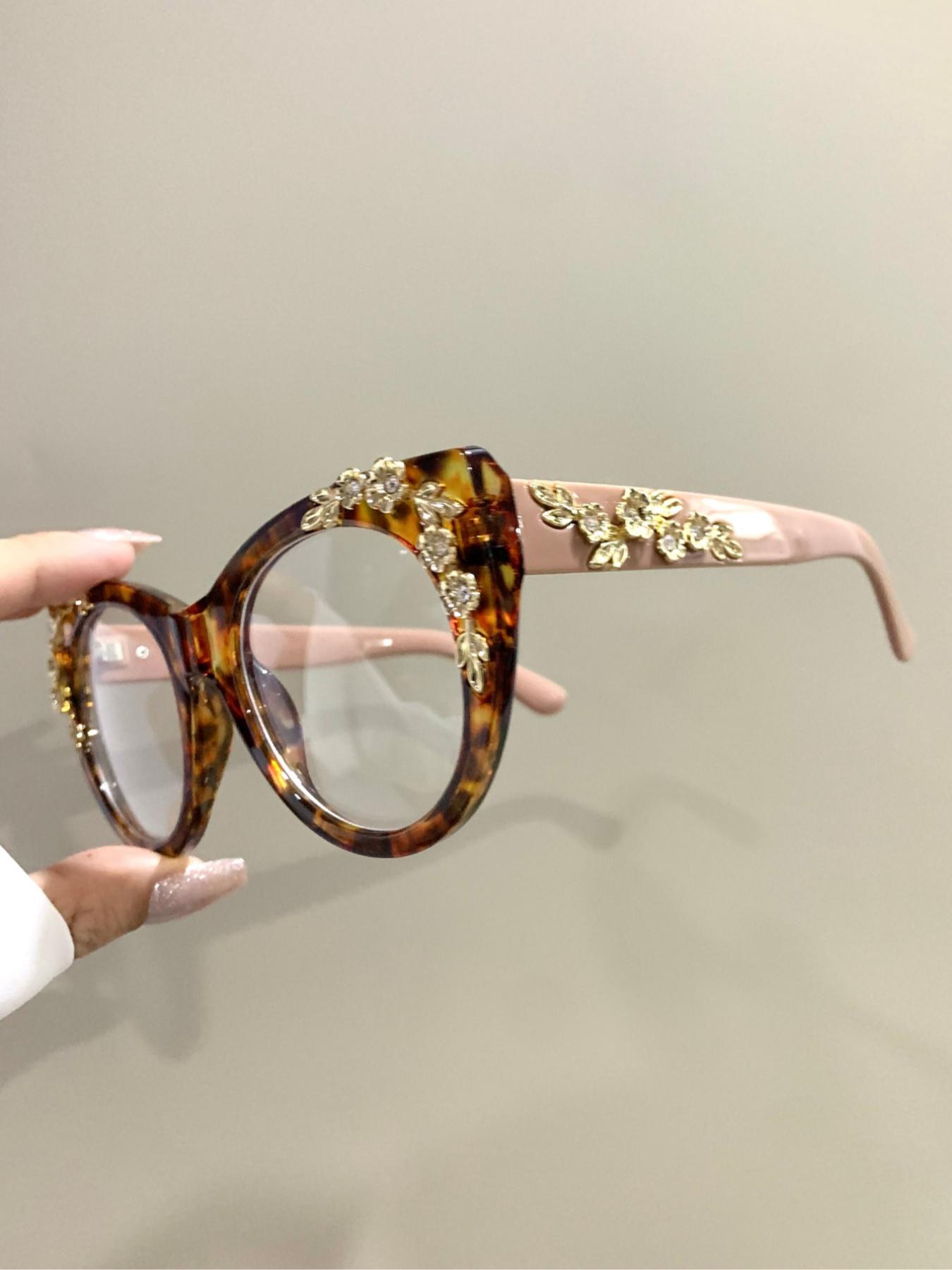 Women's Elegant Leopard & Flower & Rhinestone Decor Eyeglasses, Trendy Casual Cat Eye Frame Eyeglasses for Everyday Use, Fashion Accessories for Women & Girls, Leopard Pattern Eyeglasses, Stylish Glasses, Stylish Trendy Eyewear