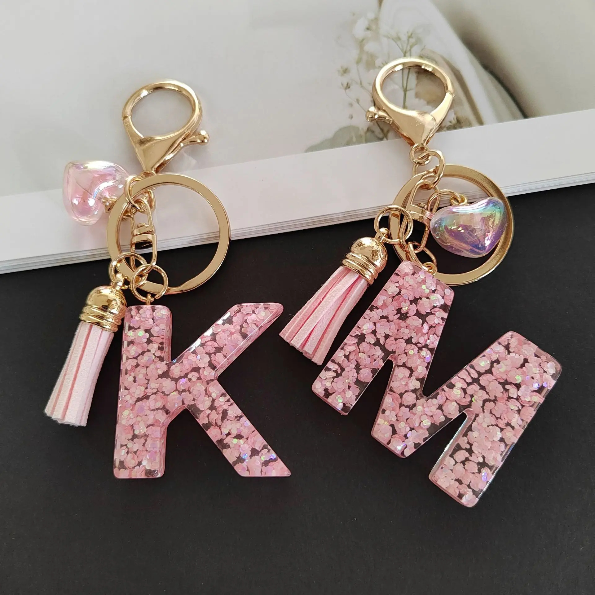 Creative 26 Initial Letter Keychain, Tassel Heart Pendant Keyring with Star Sequins, Resin Alphabet Key Accessory for Women Gift